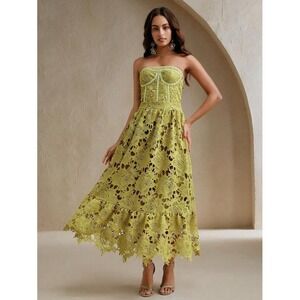 Anewsta Dress Women's Color Block Hollow-Out Boned Long Dress Green Size Large